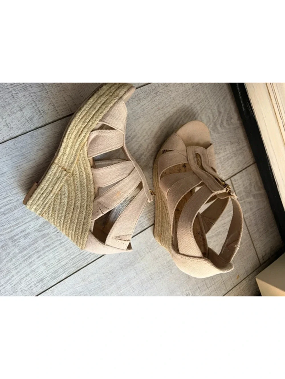 Beige zip up wedges